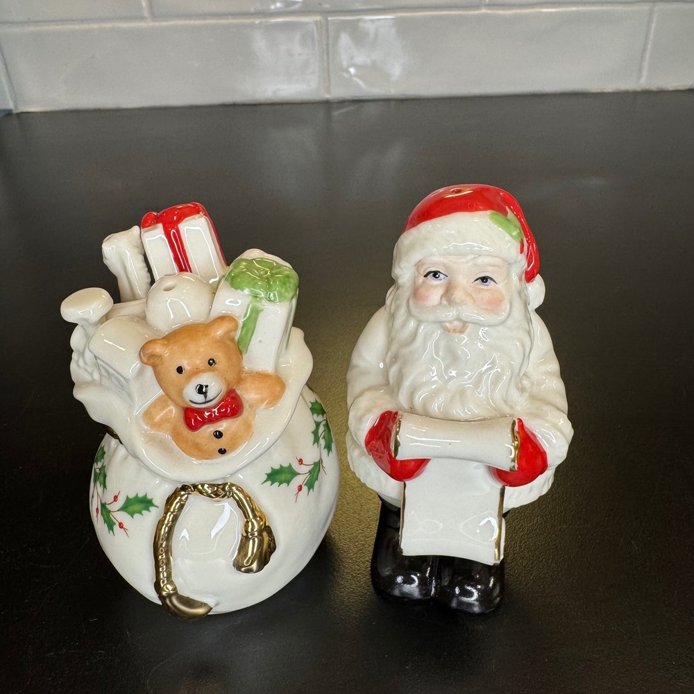 Lenox Salt and Pepper Shakers Holiday Santa Toy Sack White Red Gold Trim